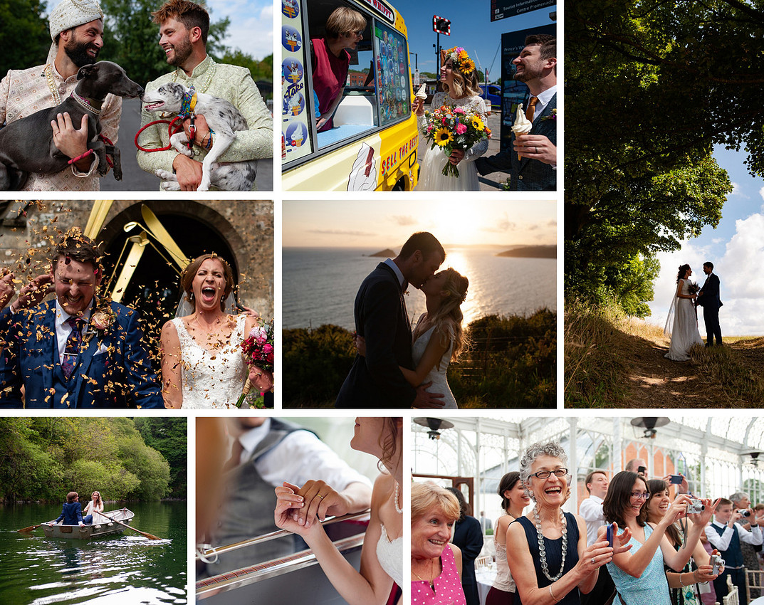 Documentary wedding photographer capturing natural moments including confetti, couple portraits, guests and candid celebrations in the UK